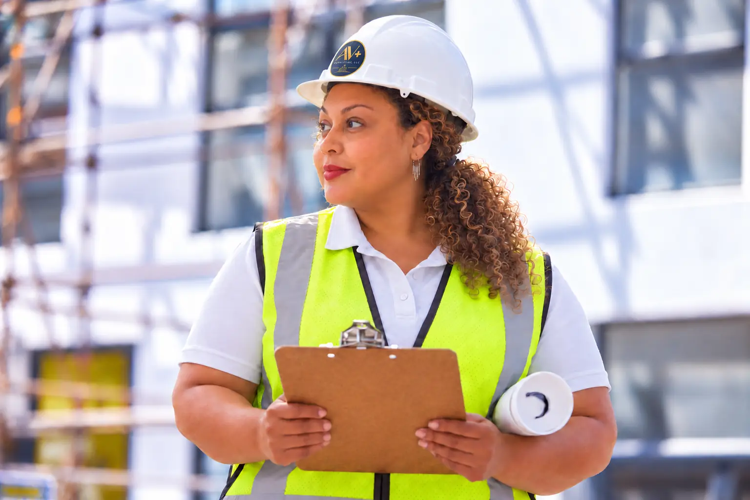 Ambar Vazquez on a jobsite in an AV+ Permitting hard hat and safety vest, holding a clipboard and plans